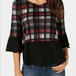 New NY Collection Petite Plaid Knit Top Red Black PLaid Ruffle Sleeve NWT!